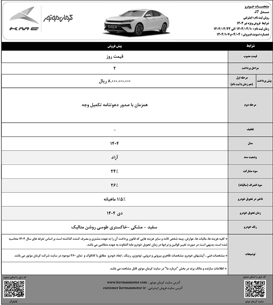 کی ام سی J7, فروش اقساطی کی ام سی J7, فروش اقساطی کی ام سی J7 تیر 1404, شرایط فروش کی ام سی J7, شرایط فروش کی ام سی J7 تیر 1404, KMC J7, فروش اقساطی KMC J7, فروش اقساطی KMC J7 تیر 1404, کرمان موتور, فروش اقساطی کرمان موتور